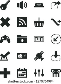 Solid Black Vector Icon Set - calendar vector, grocery basket, plus, cross, rss feed, upload folder, left bottom arrow, volume, move down, right, keyboard, pc power supply, joystick, settings, taxi