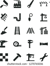 Solid Black Vector Icon Set - crane vector, tower, trowel, cordless drill, arm saw, long meashuring tape, new roller, stepladder, ladder, siphon, construction level, tile, plummet, spatula, hammer