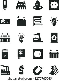 Solid Black Vector Icon Set - saving light bulb vector, power socket type f, heating coil, radiator, charging battery, factory, oil, accumulator, industrial building, drop of, mercury, pc supply