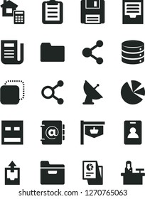 Solid Black Vector Icon Set - folder vector, archive, upload data, estimate, big, address book, copy, vintage sign, connection, connections, pie charts, statistical research, newspaper, usb, floppy