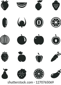 Solid Black Vector Icon Set - carrot vector, strawberry, strawberries, pear, peach, apple, quince, tasty raspberry, water melon, half, slice, date fruit, tangerine, cherry, juicy lemon, of orange
