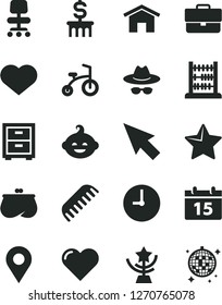 Solid Black Vector Icon Set - heart symbol vector, briefcase, hat with glasses, bedside table, comb, funny hairdo, child bicycle, abacus, home, wall clock, calendar, star, location, purse, chair