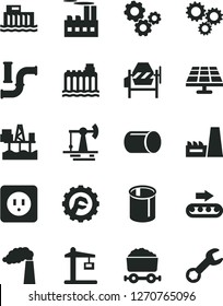 Solid Black Vector Icon Set - concrete mixer vector, power socket type b, star gear, commercial seaport, solar panel, working oil derrick, water pipes, manufacture, hydroelectric station, pipe