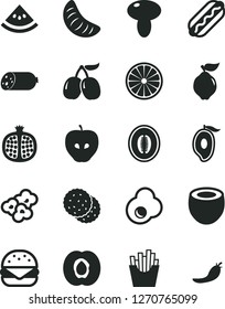 Solid Black Vector Icon Set - sausage vector, Hot Dog, big burger, mushroom, French fries, popcorn, fried egg, biscuit, half apricot, pomegranate, quince, tasty apple, cornels, of mango, melon