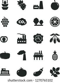 Solid Black Vector Icon Set - tomato vector, a pineapple, mint, grape, large, squash, goji berry, tasty plum, juicy lemon, half, eggplant, pumpkin, manufacture, hydroelectric station, trees, biology