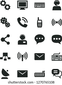 Solid Black Vector Icon Set - monitor window vector, keyboard, envelope, speech, operator, gears, satellite antenna, connection, hierarchical scheme, phone call, mobile, wireless, mail, dialog
