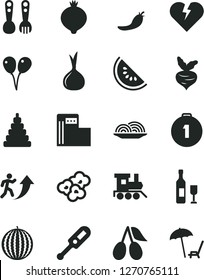 Solid Black Vector Icon Set - electronic thermometer vector e, stacking toy, plastic fork spoons, baby train, colored air balloons, broken heart, onion, popcorn, cornels, medlar, water melon, beet