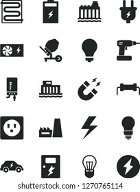Solid Black Vector Icon Set - lightning vector, matte light bulb, concrete mixer, cordless drill, dangers, heating coil, electronic boiler, charging battery, hydroelectric station, hydroelectricity