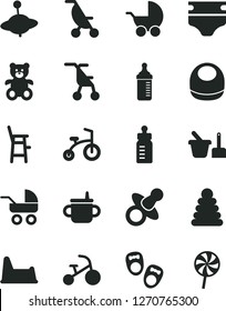 Solid Black Vector Icon Set - dummy vector, mug for feeding, bottle, measuring, diaper, baby bib, stroller, carriage, summer, sitting, stacking rings, toy sand set, potty chair, a child, teddy bear