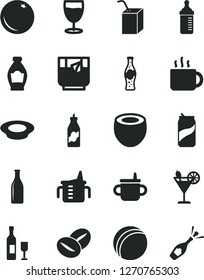 Solid Black Vector Icon Set - mug for feeding vector, measuring cup, bottle, bath ball, packing of juice with a straw, plate milk, coffee beans, tea, glass, cocktail, soda can, orange, liquor, wine