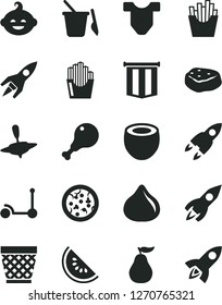 Solid Black Vector Icon Set - wicker pot vector, Child T shirt, children's sand set, funny hairdo, small yule, Kick scooter, pizza, chicken leg, piece of meat, French fries, fried potato slices, fig