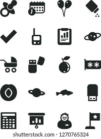 Solid Black Vector Icon Set - check mark vector, dummy, baby powder, carriage, toy phone, colored air balloons, planet, small fish, plum, blueberry, statistical report, schedule, engineer calculator