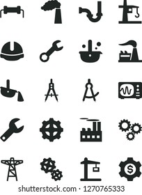 Solid Black Vector Icon Set - repair key vector, sewerage, construction helmet, manufacture, factory, power pole, industrial building, gear, gears, tower crane, Measuring compasses, metallurgy