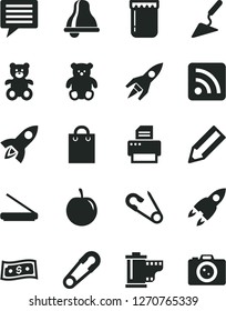 Solid Black Vector Icon Set - bell vector, image of thought, camera roll, rss feed, safety pin, open, teddy bear, small, building trowel, jam, tasty plum, pencil, bag, printer, scanner, rocket