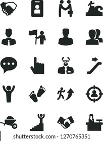 Solid Black Vector Icon Set - women vector, children's tracks, garden trolley, employee, index finger, speech, woman, man in sight, hand shake, handclasp, scientist, arrow up, winner stairway, hands