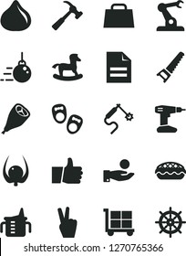 Solid Black Vector Icon Set - cargo trolley vector, scribbled paper, measuring cup for feeding, small rocking horse, shoes little children, big core, drill, hand saw, hammer with claw, thumb up, fig