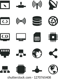 Solid Black Vector Icon Set - screen vector, big data, satellite dish, SIM card, connection, scheme, hierarchical, cpu, network, browser, connect, coding, lan connector, wireless, earth
