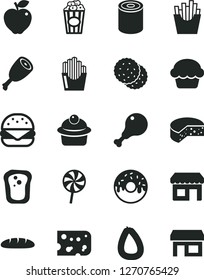 Solid Black Vector Icon Set - stick of sausage vector, piece cheese, loaf, tin, big burger, cake, muffin, glazed with a hole, chicken leg, thigh, lollipop, French fries, fried potato slices, biscuit