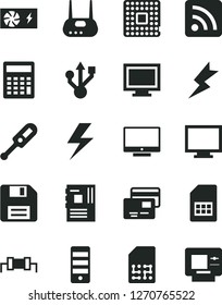 Solid Black Vector Icon Set - lightning vector, floppy disk, monitor, window, calculator, rss feed, electronic thermometer e, screen, cards, processor, SIM card, pc power supply, tower, motherboard