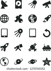 Solid Black Vector Icon Set - counterclockwise vector, earth, artificial satellite, planet, space rocket, tablet pc, hdd, telescope, antenna, saturn, lunar rover, first, starfish