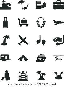 Solid Black Vector Icon Set - suitcase vector, plane, camper, passenger, rolling, hotel, tent, beach, arnchair under umbrella, palm tree, hawaii wreath, diving mask, surfing, baggage, golf, cruiser