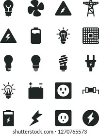 Solid Black Vector Icon Set - danger of electricity vector, saving light bulb, power socket type b, lightning, fan screw, charge level, charging battery, accumulator, pole, electric plug, processor