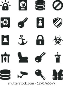 Solid Black Vector Icon Set - prohibition vector, Baby chair, key, lock, anchor, big data, strongbox, encrypting, biohazard, airport tower, identity card, security gate, passport, surveillance