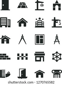 Solid Black Vector Icon Set - house vector, box of bricks, brick wall, window, entrance door, buildings, ceramic tiles, paving slab, home, tower crane, Construction, Measuring compasses, 3d cube