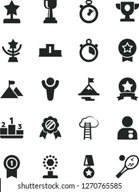 Solid Black Vector Icon Set - pedestal vector, stopwatch, winner, prize, cup, gold, star, reward, man with medal, motivation, mountain flag, pennant, ribbon, cloud ladder, tennis
