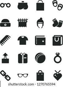 Solid Black Vector Icon Set - paper bag vector, purse, spectacles, bath ball, comb, warm socks, shoes for little children, winter hat, with handles, T shirt, folded, cloth industry, glasses, baggage