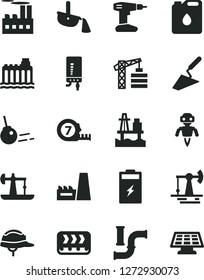 Solid Black Vector Icon Set - tower crane vector, trowel, drill, long meashuring tape, helmet, electronic boiler, core, sea port, charging battery, oil derrick, working, water pipes, conveyor, robot