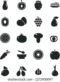 Solid Black Vector Icon Set - deep plate with a spoon vector, eggs, onion, mushroom, tomato, carrot, apple, large grape, pear, rose hip, cornels, blackberry, delicious plum, half cherry, of kiwi