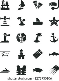 Solid Black Vector Icon Set - anchor vector, small fish, sea port, lighthouse, coastal, planet, sand castle, beach, palm tree, starfish, flippers, diving mask, life vest, jet ski, shark fin