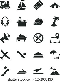 Solid Black Vector Icon Set - plane vector, train, sail boat, escalator, departure, credit card, tent, arnchair under umbrella, palm tree, hawaii wreath, cafe, map, receptionist, loudspeaker