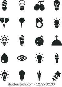 Solid Black Vector Icon Set - colored air balloons vector, saving light bulb, eye, drop, Chupa Chups, tasty cornels, energy, flame torch, flag on moon, gold ring, crown with cross, three stars