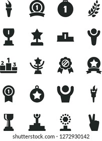 Solid Black Vector Icon Set - pedestal vector, flame torch, winner, laurel branch, podium, award, cup, gold, star, reward, medal, first place, with pennant, ribbon, hands up man, victory hand