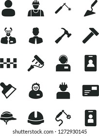 Solid Black Vector Icon Set - builder vector, building trowel, paint roller, ceramic tiles, construction helmet, putty knife, hammer, with claw, employee, pass card, operator, welding, gas, man