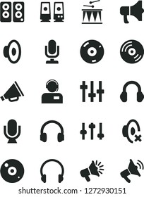 Solid Black Vector Icon Set - desktop microphone vector, horn, loudspeaker, silent mode, drumroll, headphones, CD, operator, megaphone, pc speaker, settings