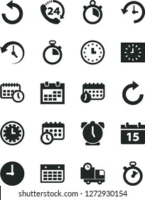 Solid Black Vector Icon Set - calendar vector, stopwatch, clock face, clockwise, counterclockwise, wall, alarm, delivery, 24, watch, black, agenda, schedule, history