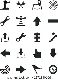 Solid Black Vector Icon Set - upward direction vector, downward, right, left, wind indicator, minus, index finger, move up, down, lighthouse, coastal, repair, radar, cross flags, escalator, map