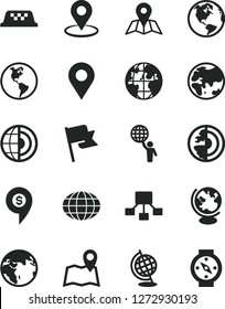 Solid Black Vector Icon Set - map vector, flag, planet, Earth, location, geolocation, globe, hierarchical scheme, core, man hold world, dollar pin, taxi, compass