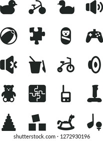Solid Black Vector Icon Set - loudspeaker vector, rubber duck, baby duckling, bath ball, stacking toy, roly poly doll, phone, children's sand set, small teddy bear, rocking horse, cubes for children