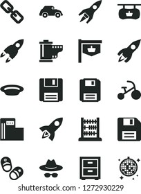 Solid Black Vector Icon Set - floppy disk vector, spectacles, hat with glasses, camera roll, bedside table, tricycle, child shoes, abacus, plate, modern gas station, retro car, vintage sign, rocket