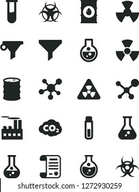 Solid Black Vector Icon Set - round flask vector, oil, barrel, industrial building, radiation, carbon dyoxide, filter, water, research article, test tube, molecule, nuclear, biohazard