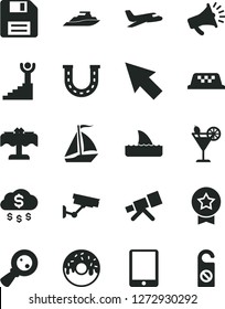 Solid Black Vector Icon Set - floppy disk vector, glazed cake with a hole, cocktail, magnifying glass, horn, tablet pc, cursor, telescope, winner stairway, star medal, money rain, luck, plane, taxi