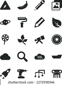 Solid Black Vector Icon Set - paint roller vector, graphite pencil, magnifier, toys over the cot, bath, drill, picture, lollipop, banana, half of kiwi, leaves, leaf, CO2, cloud, telescope, saturn