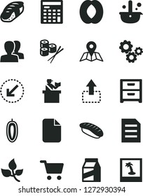 Solid Black Vector Icon Set - women vector, left bottom arrow, map, nightstand, package, move up, sushi set, japanese, half peach, sweet date fruit, leaves, metallurgy, shopping cart, gears, file