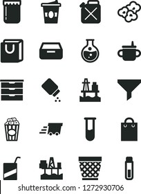 Solid Black Vector Icon Set - wicker pot vector, storage unit, mug for feeding, baby powder, e, drawer, bag with handles, popcorn, cup of, coffe to go, jam, sea port, commercial seaport, round flask
