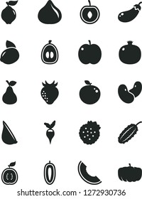Solid Black Vector Icon Set - garlic vector, strawberries, pear, apple, pomegranate, quince, strawberry, fig, slice of melon, half loquat, cherry, sweet date fruit, yellow lemon, delicious, guawa