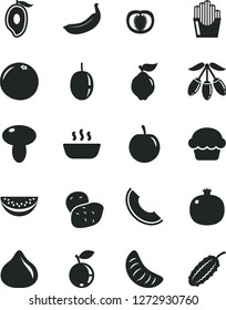 Solid Black Vector Icon Set - mushroom vector, cake, hot porridge, fried potato slices, pomegranate, quince, fig, blueberry, slice of melon, half mango, goji berry, water, tangerine, tasty plum